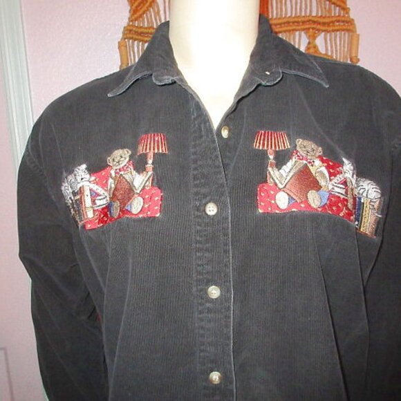 Vtg Black Corduroy Tunic Top Womens Size S Embroidered Cats Button Up 90s Y2K - Picture 2 of 10